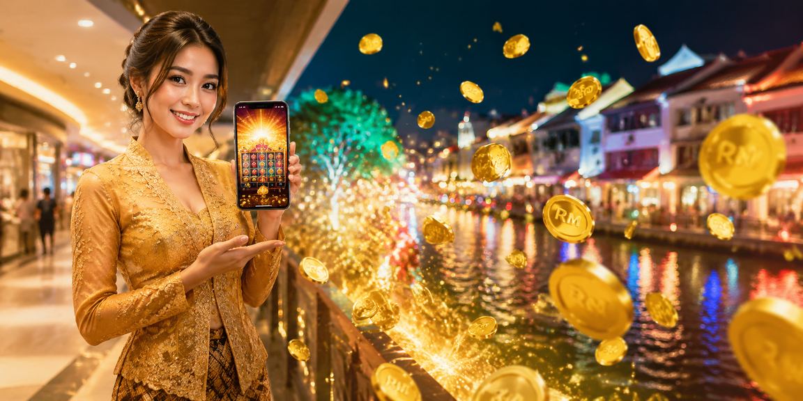 Pemain berbaju kebaya dari Melaka menikmati permainan slot dalam talian melalui platform 12joker